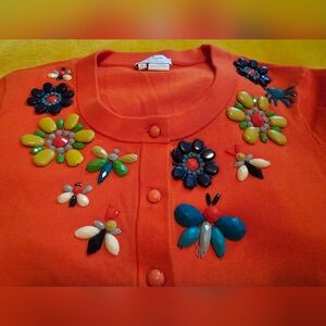 Rare Kate Spade Beaded Jeweled Bug Insect Cotton Cardigan, Orange Medium